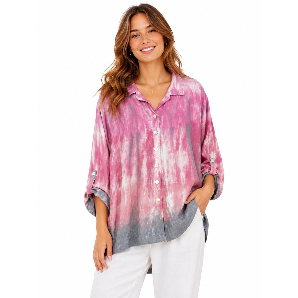 John Mark Womens Pink Grey Tie Dye Ombre Roll Tab Sleeve Button Down Shirt S